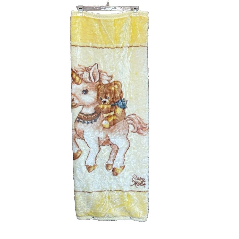 RARE Vintage Baby Mink Blanket Unicorn Bear Sleep Sack Soft Plush Yellow‎